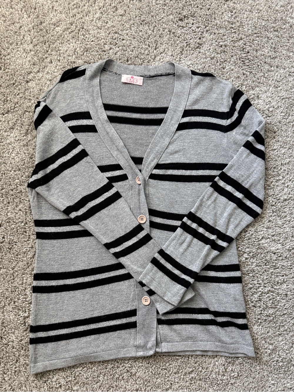 Button through knit cardigan in gray with black stripe & sparkling stripes